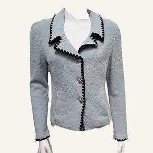 St. John Vintage Santana Knit Jacket Light Blue/Navy Trim Size 10